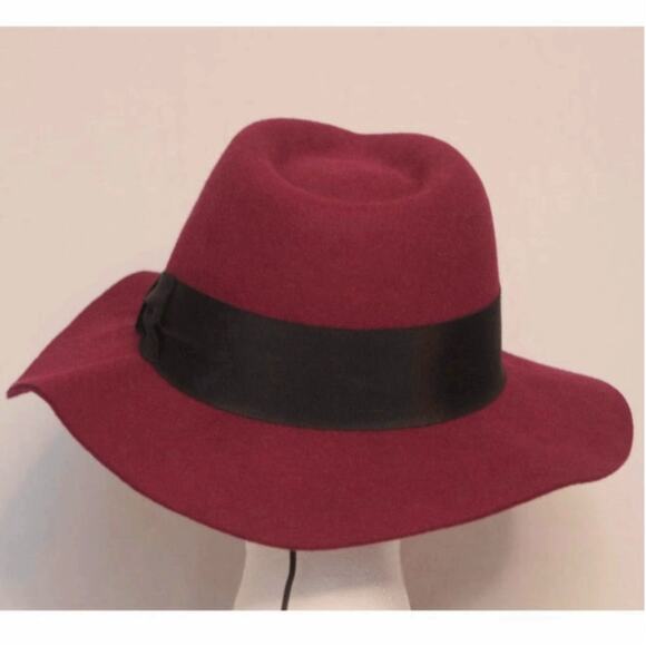Womens Burgundy Fedora Hat Wide Brim Black Ribbon Band - Picture 4 of 9